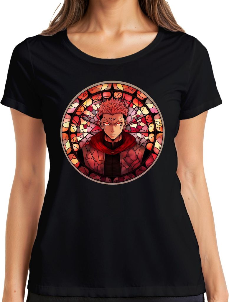 Anime Ästhetik Dämonenkrieger Rote Augen Buntglas Stil Manga düster Damen T-Shirt, Schwarz, 3XL