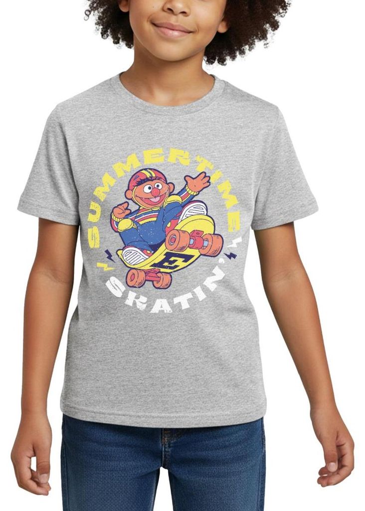 Spreadshirt Sesamstraße Ernie Summer Time Skatin' Skate Design Kinder T-Shirt, 110/116 (5-6 Jahre), Grau meliert