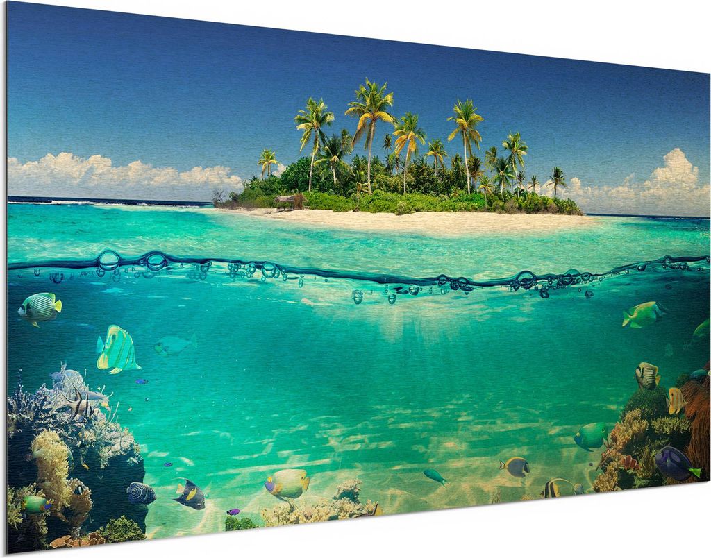 DEQORI Alu-Dibond Bild Gold 100x50 cm 'Insel im tropischen Meer' Wandbild Metall dünn