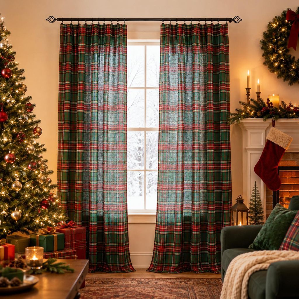 Ensemble de 2 rideaux de Noël, 132 x 214 cm, vert, à motifs Image du produit 