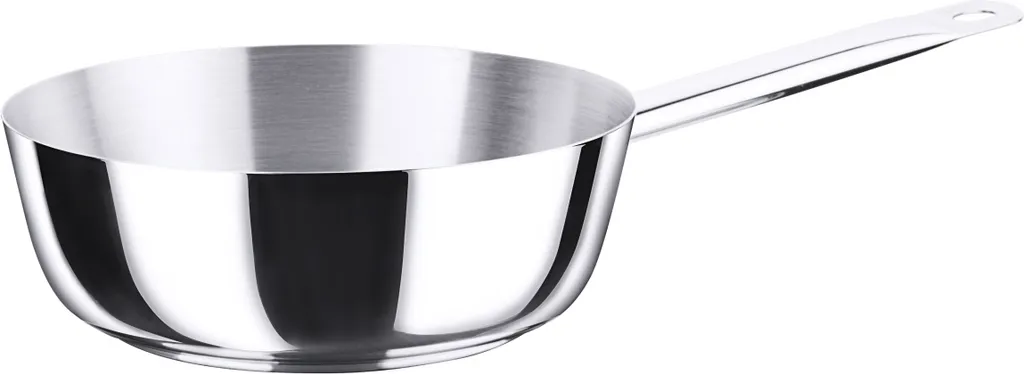 Padella per sauté in acciaio inossidabile 18/10, lucida, con manico tubolare, senza bordo versatore, base a sandwich da 8 mm, adatta all'induzione, qualità extra pesante.
