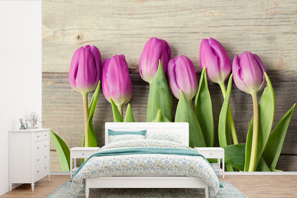 MuchoWow Fototapete für Wohnzimmer oder Schlafzimmer Wandtapete Vinyl Motivtapete Lila Tulpen - 360x240 cm - Vinyl-Tapete