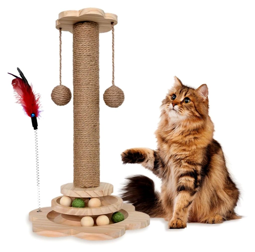 4-in-1 Katzenspielzeug aus Holz, Sisal Kratzbaum mit hängendem Ball, Interaktives Spielzeug für Katzen mit Katzenminze Bällen (29 x 46 cm)