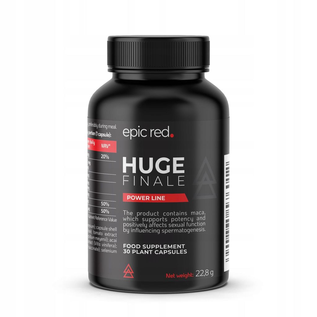 A black bottle of Epic Red Huge Finale food supplement capsules.