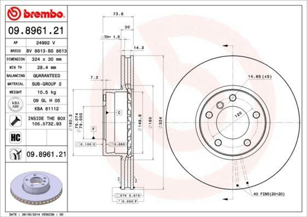 BREMBO 09.8961.21 Bremsscheibe OE 34110392525 kompatibel mit 5er E39