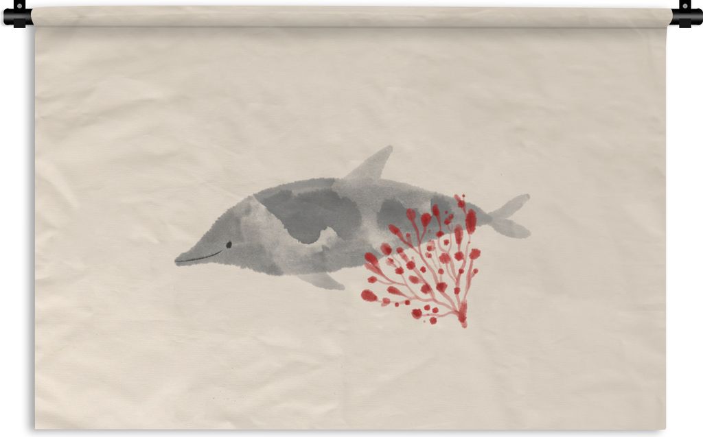 MuchoWow Wandteppich Wandbehang Delfin - Pflanzen - Aquarell 60x40 cm Tapisserie Dekoration Wandtuch - Wanddekorationen