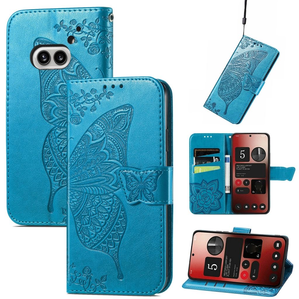 Für Nothing Phone 2a / Plus Kunstleder Wallet Handy Tasche Schmetterling Design Hülle Etuis Blau