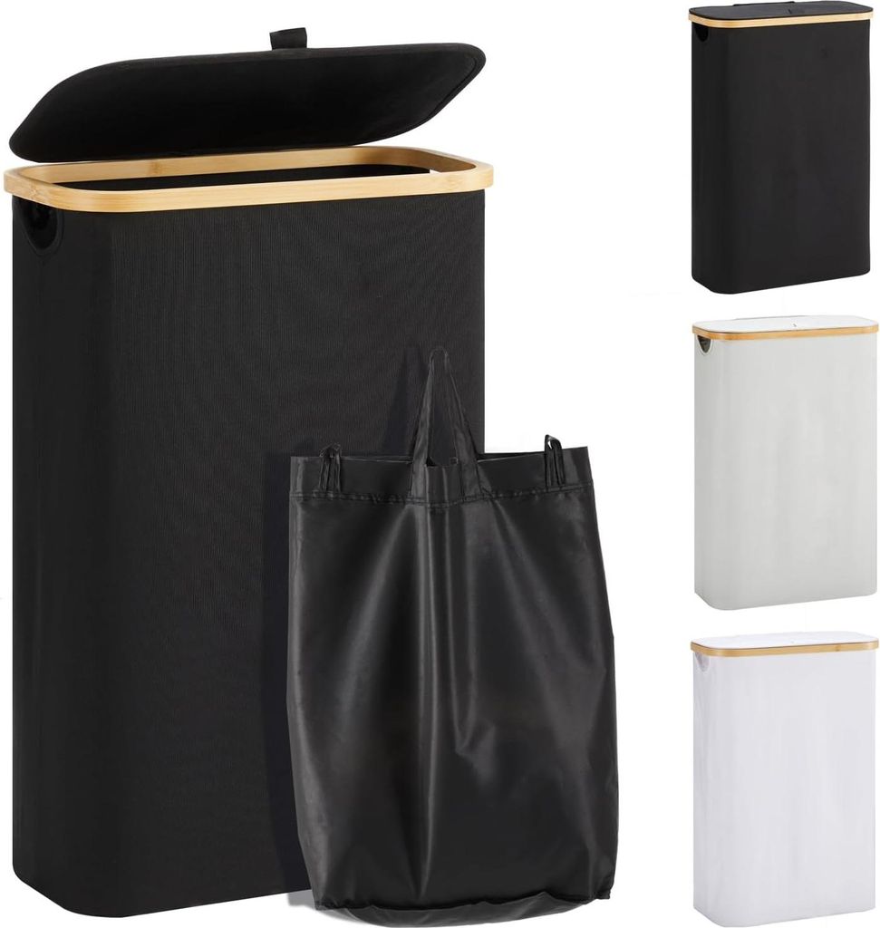 Wäschekorb mit Deckel 48L Wäschesammler schmal mit Wäschesack faltbarer Wäschesortierer Holz Bambus Wäschetruhe hoch Laundry Baskets, Schwarz