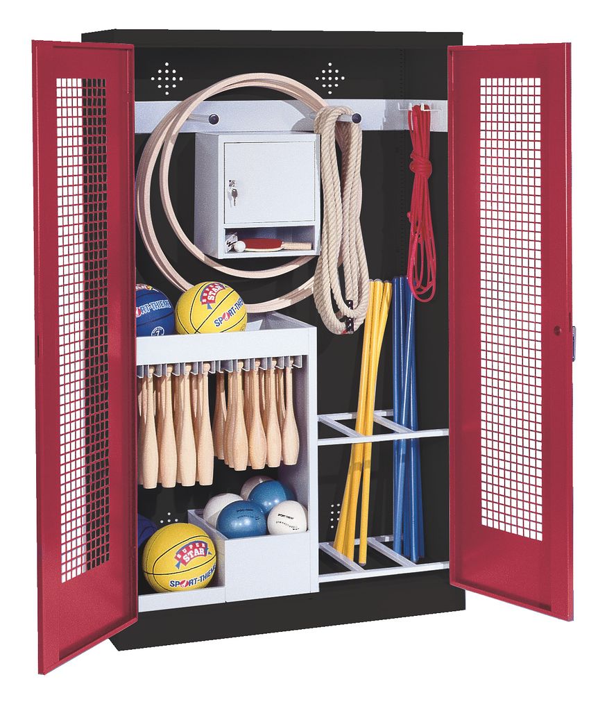 C+P Sportgeräteschrank mit Lochblech-Flügeltüren (Typ 1), HxBxT 195x120x50 cm, Ergo-Lock Muldengriff, Rubinrot (RAL 3003), Anthrazit (RAL 7021),...