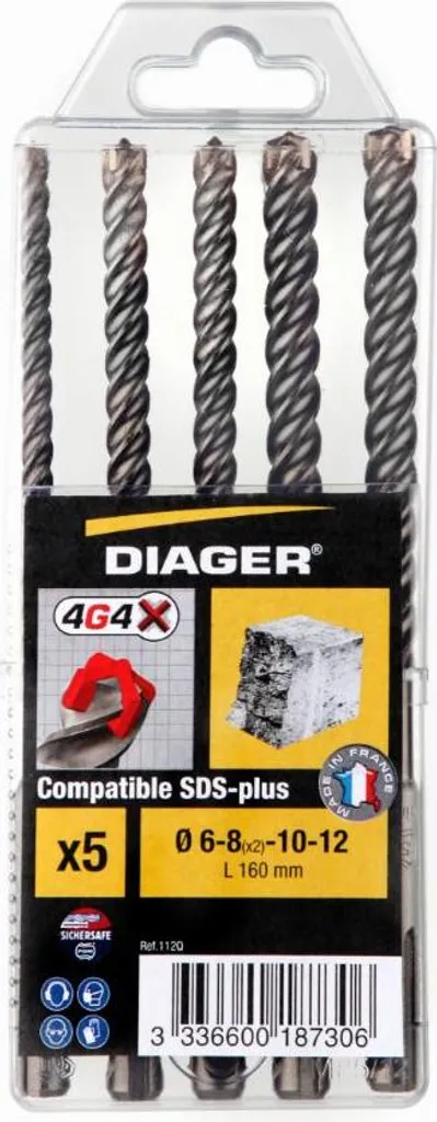 Coffret de 5 forets béton DIAGER SDS-plus 112Q Twister pour perforateur