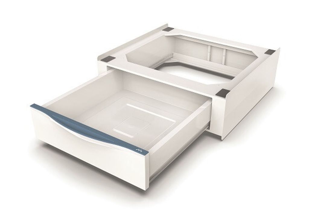 A white washing machine pedestal with a drawer pulled out, shown on a white background.