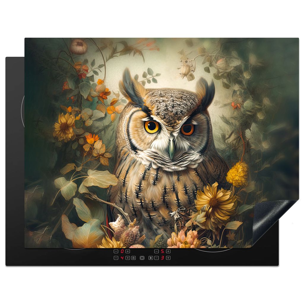KitchenYeah Herdabdeckplatte Eule - Vögel - Blumen - Natur , 77x59cm, Küche Deko, Glaskeramikkochfeld Herdabdeckung, Abdeckplatte fùr Kochfeld