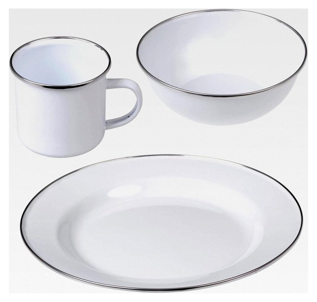 Emaille Camping Geschirr Set in Grau - Teller, Schüsseln, Becher mit Henkel für Outdoor-Aktivitäten, Ideal für Camping und Picknick