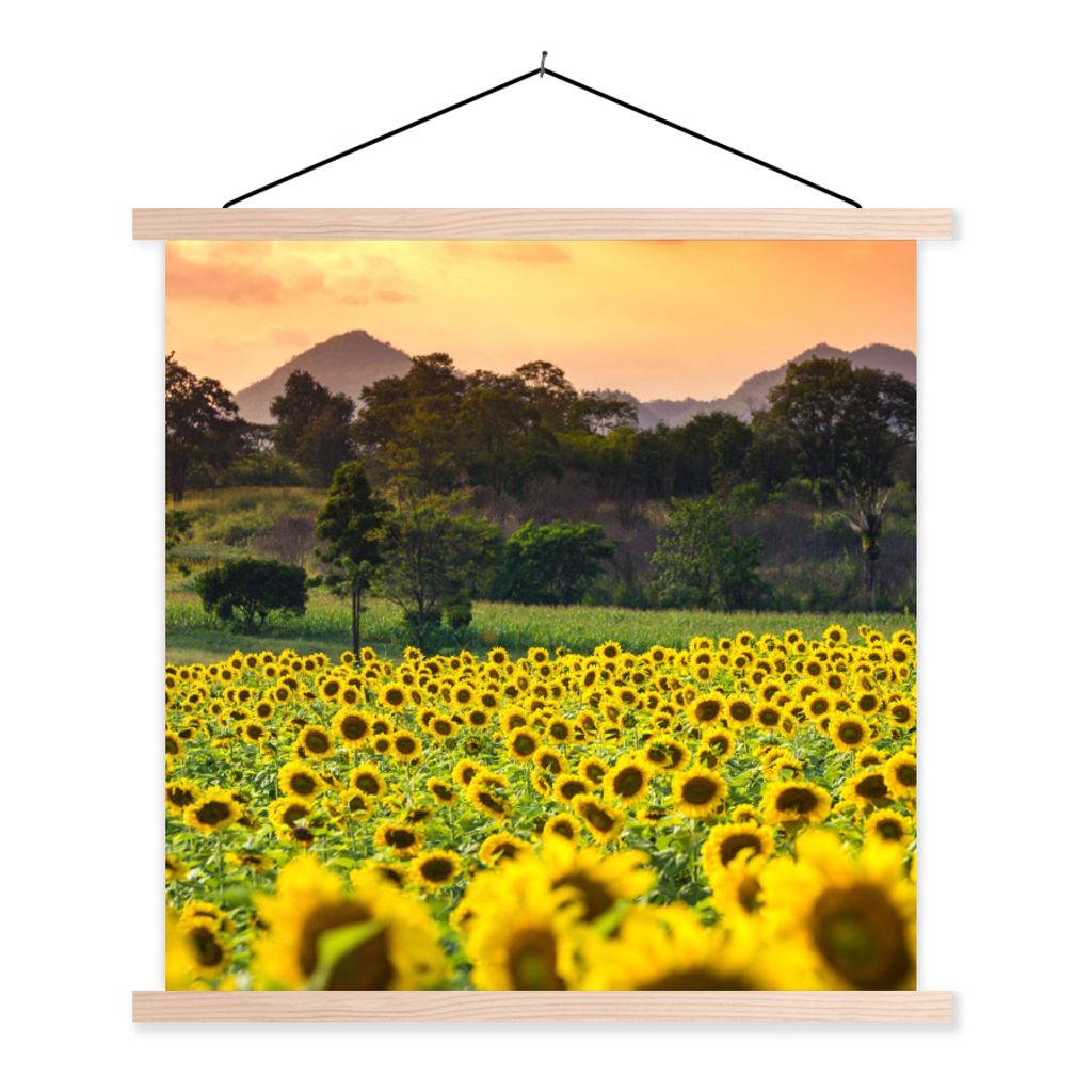 MuchoWow Textilposter Sonnenblume - Natur - Berg 60x60 cm mit holzfarbenen Rahmen - Wanddekoration