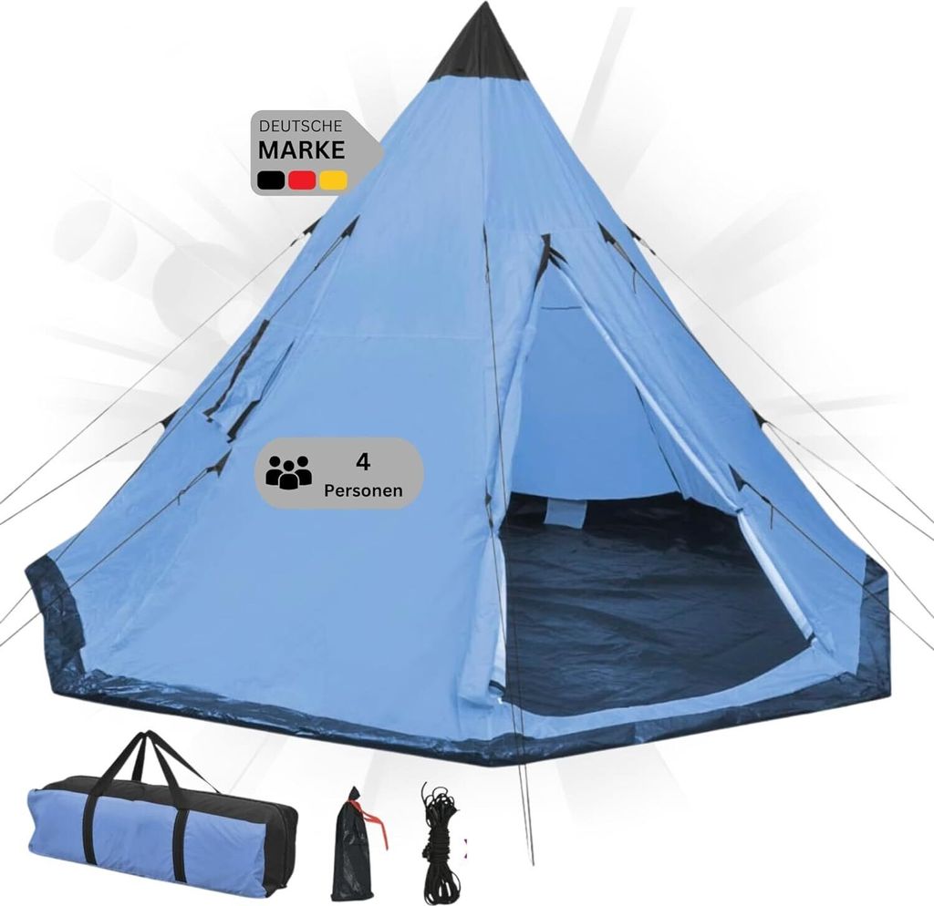 DELUKE® Campingzelt 4 Personen TIPI blau | regenfest, Produktbild 