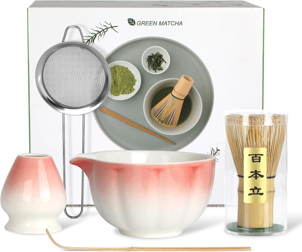 Matcha Teezeremonie Set, Matcha Schale, Bambus Matcha Besen, Besenhalter, Bambuslöffel & Pulversieb, Traditionelles Japanese Matcha Tea Set - 5-te...