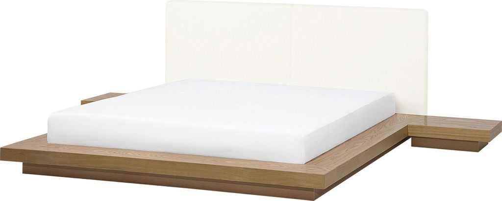 BELIANI Wasserbett Weiß / Naturfarbene Esche Kunstleder / MDF-Platten Holzfurnier Wasserbettmatratze 180 x 200 cm 2 Nachttische Japanisch Doppelbett