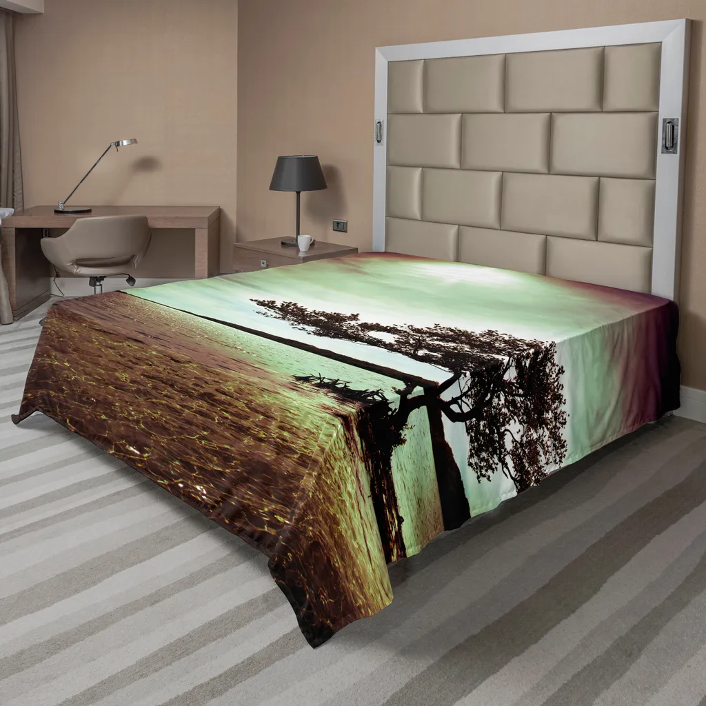 Drap de lit 275x260 cm Anti-Plis et Doux Motif Arbre Solitaire et Lac