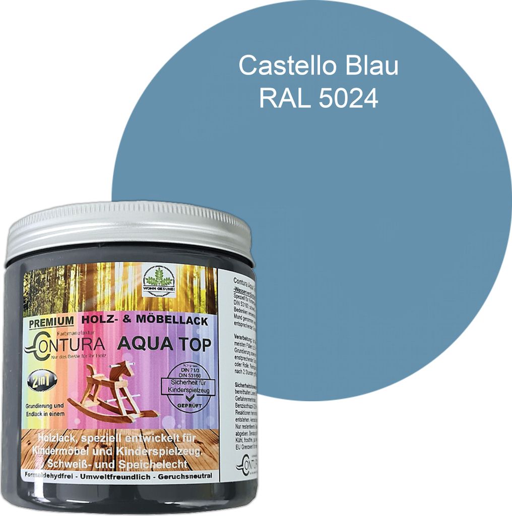 Contura 250ml. Möbellack Lack für Kinderspielzeug Buntlack DIN EN71/3 Buntlack Holzlack - RAL 5024 Castello Blau