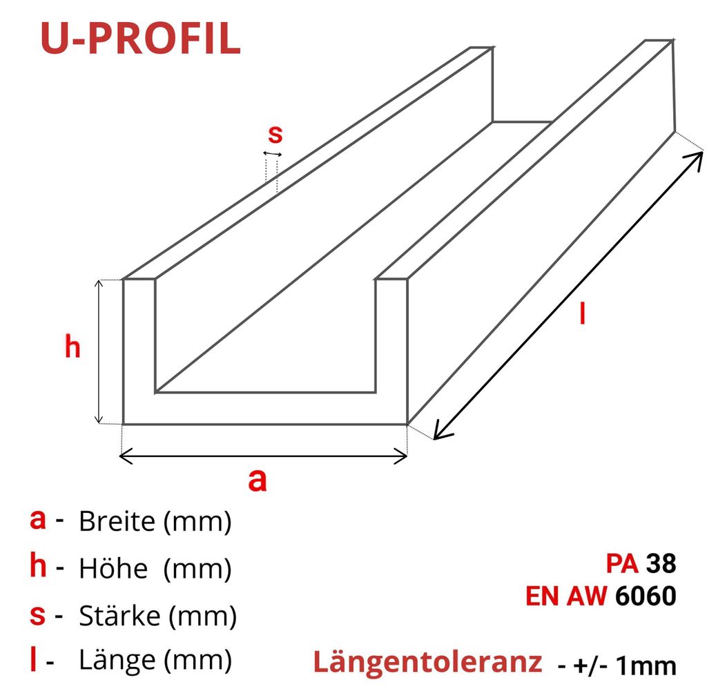 ALUMINIUM U-PROFIL 10x20x10x2 mm 200 cm ALUMINIUM PA38 + Produktbild 