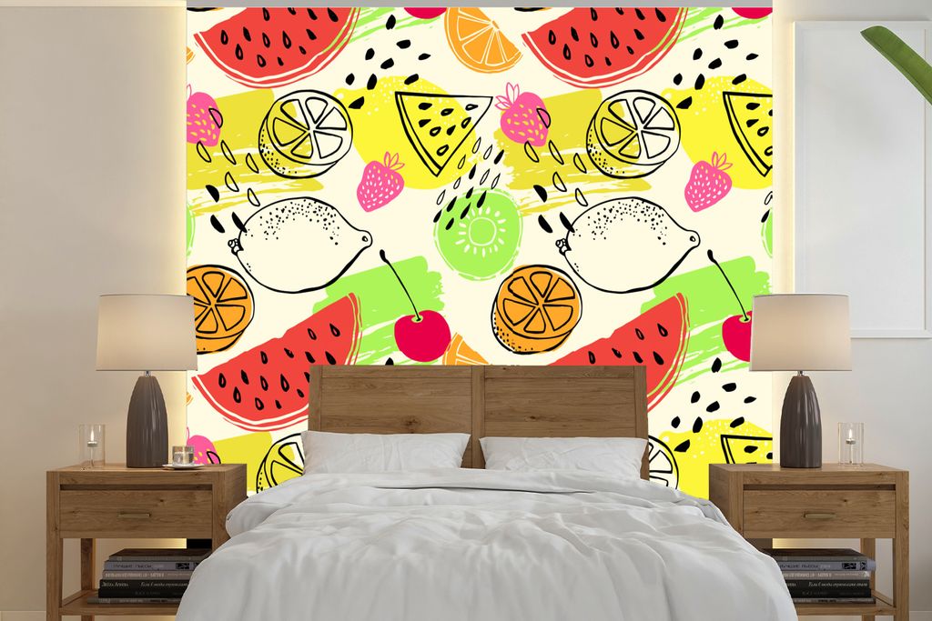 MuchoWow Fototapete für Wohnzimmer oder Schlafzimmer Wandtapete Vinyl Motivtapete Wassermelone - Obst - Muster - 280x280 cm - Hintergrundbild