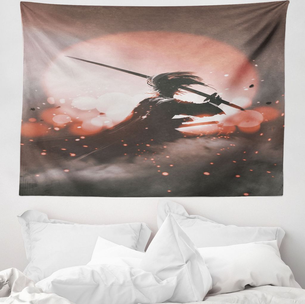 ABAKUHAUS japanisch Wandteppich, Samurai Japan aus Weiches Mikrofaser Stoff Waschbar ohne Verblassen Digitaldruck, 150 x 110 cm, Lachs Umbrabraun