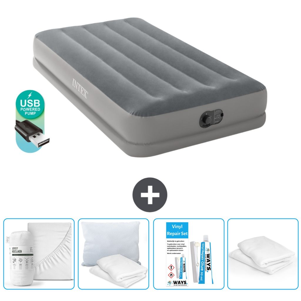 Intex Luftbett - 1 Person - 99 x 191 x 30 cm - Grau - Inklusive Pumpe - Spannbettuch - Küssen - Reperaturset en Kissenschutz