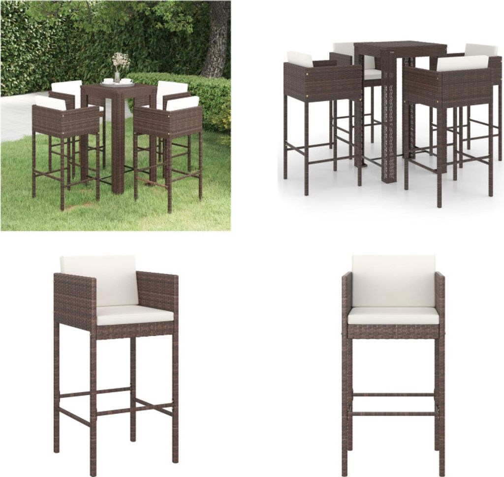 vidaXL 5 tlg. Gartenbar Set mit Kissen Poly Rattan Braun - Garten-Bar-Set - Garten-Bar-Set - Garten-Essgruppe - Garten-Essgruppen