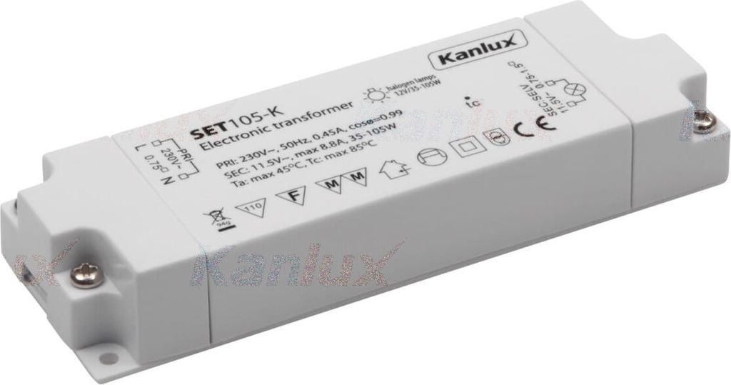 A white electronic transformer for halogen lamps is shown on a white background.