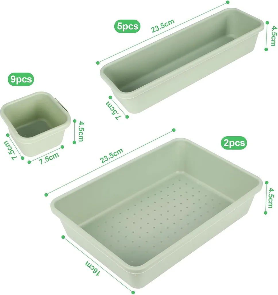 Organisateur de tiroir vert 16 pièces inserts de rangement modulables