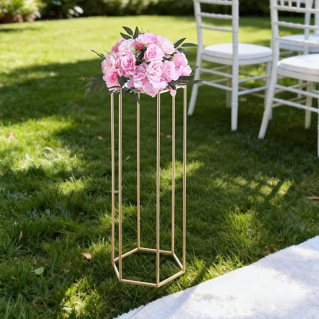 Centre de table mariage colonne dorée 80cm support fleurs hexagonal x10 - 8