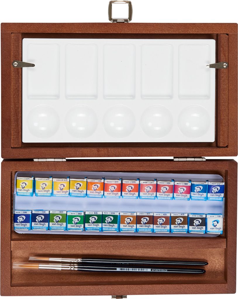 An open wooden box containing watercolor paints and brushes.