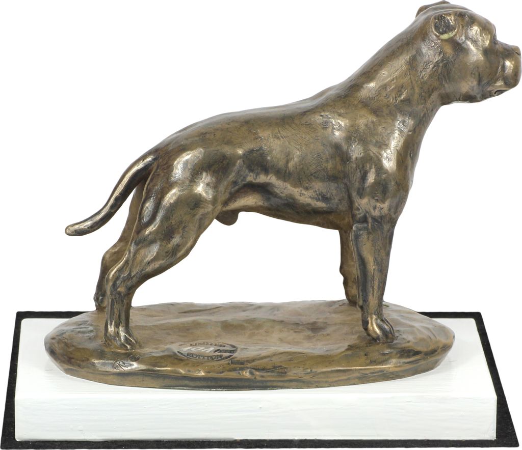 Staffordshire Bull Terrier, Staffordshire Bullterrier III - Hundestatue, Figur auf weißem Sockel, Trophäe für die Art-Dog-Hundeaustellung.