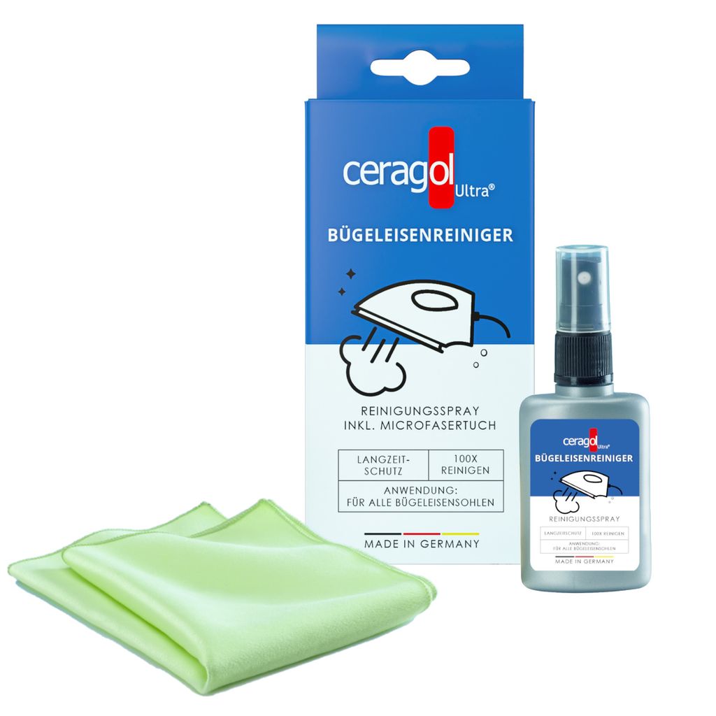 ceragol ultra Bügeleisenreiniger - Reinigungs-Spray für alle Bügel-Sohlen, Flüssig-Reiniger entfernt Schmutz & Kalk, 50ml + Tuch