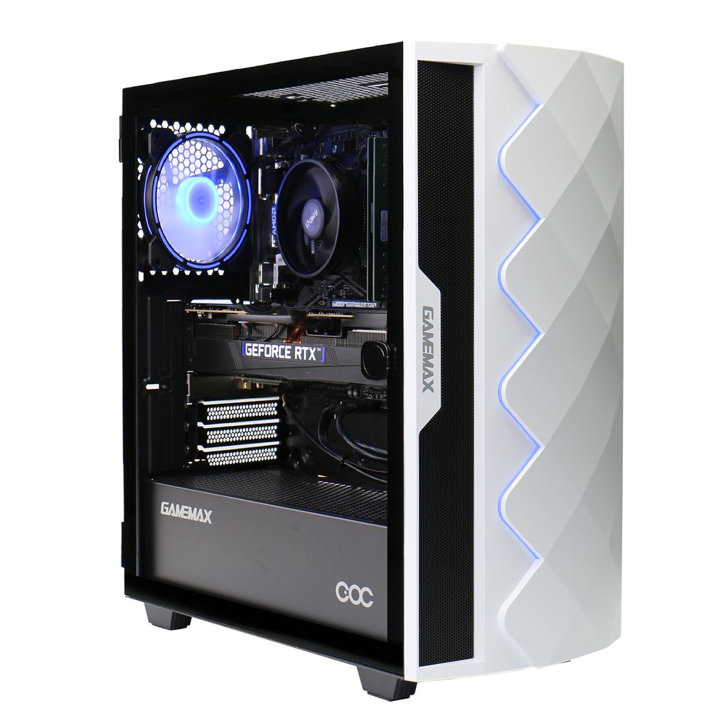 A white and black GAMEMAX gaming PC with blue LED lighting, shown from a front-side angle against a white background.