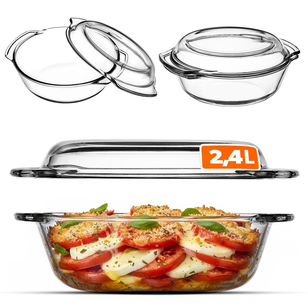 KADAX Auflaufform aus hitzebeständigem Glas "Backe", Glasbräter mit Deckel, transparent, rund, 2.4L