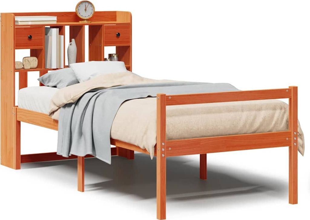vidaXL Massivholzbett mit Regal ohne Matratze Wachsbraun 75x190 cm