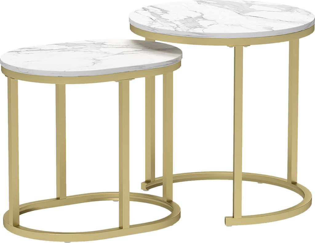 2er-Set Couchtisch, Ovaler und runder Kaffeetisch, stapelbar, Marmoroptik, Stahl, Ø50 x 50,5 cm, Weiß