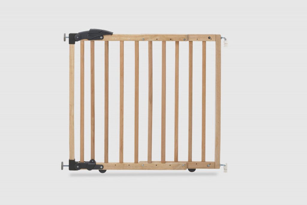 A wooden baby gate is shown against a plain background.