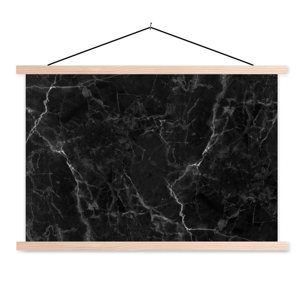 MuchoWow Textilposter Marmor - Schwarz - Weiß - Textur - Marmoroptik 120x80 cm mit holzfarbenen Rahmen - Aufhängeset