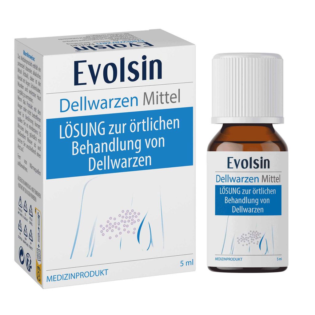 A product box and a small bottle of Evolsin Dellwarzen Mittel.