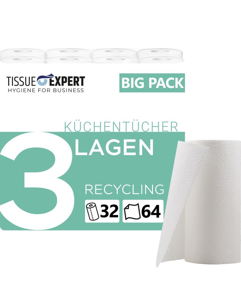 Küchentücher RECYCLING, 32 Rollen á 64 Blatt, 3-lagige Küchenrollen, 100% Recycling, saugstarke Haushaltsrollen, Allzwecktücher, Papiertücher