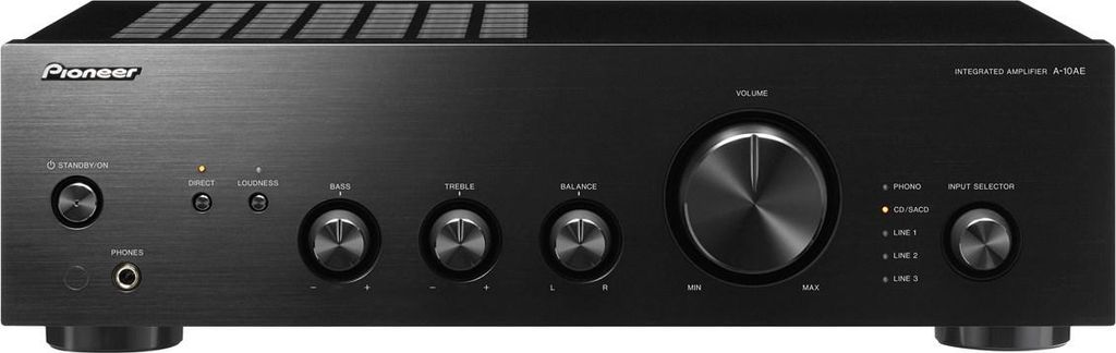 A front view of a black Pioneer integrated amplifier.