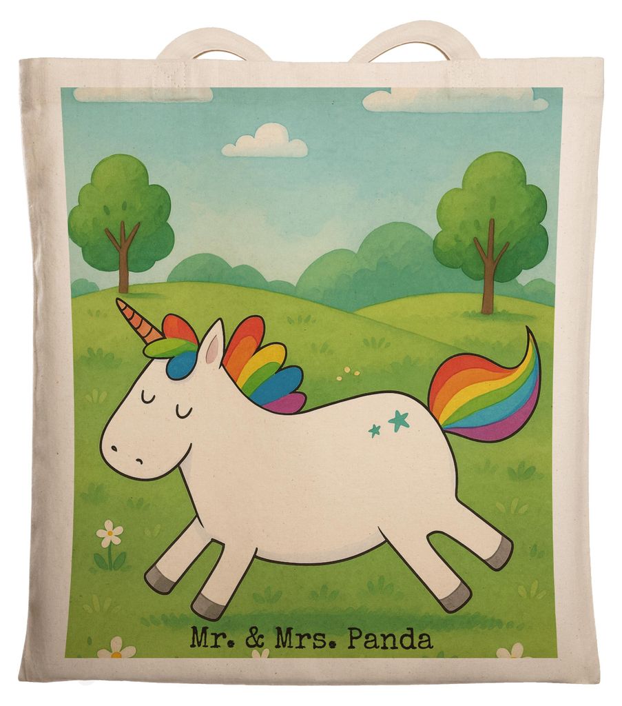 Mr. & Mrs. Panda Jutebeutel Einhorn Happy Design - Weiß - Geschenk, Tasche, Stoffbeutel, Unicorn, Lachen, Shopping, Tote Bag, Schultasche, Lebensf...