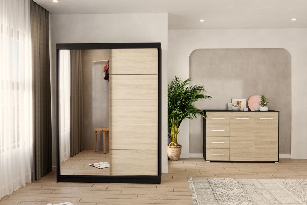 2er-Set Schwebetürenschrank Schrank Kleiderschrank mit Spiegel Schwarz/Sonoma 150cm Vista 05 mit Kommode 135cm FRIDA 01