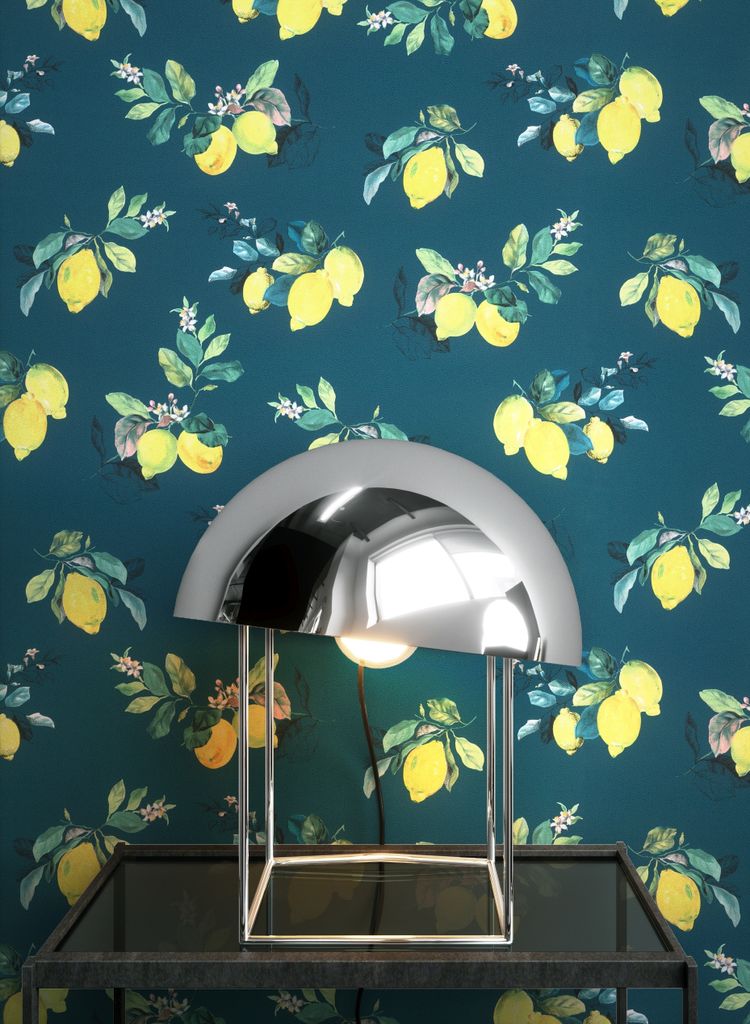 NEWROOM Tapete Blau Vliestapete Zitronen - Mustertapete Landhaus Gelb Grün Blätter Blumen Zitronentapete Modern Küchentapete