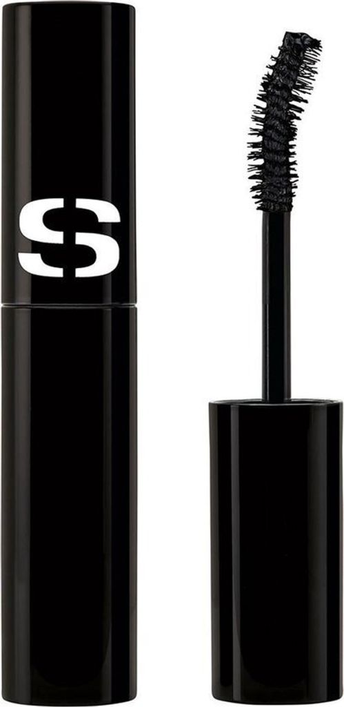 A black mascara tube with the brand logo on it, and the mascara wand extended.