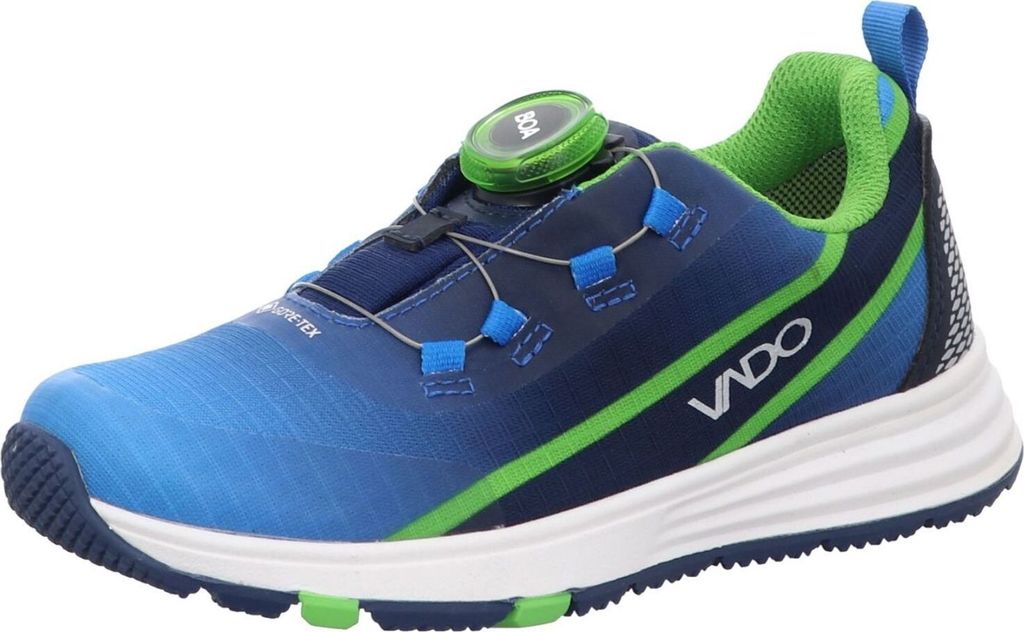 A single blue and green athletic shoe is shown from a side-angle on a white background.