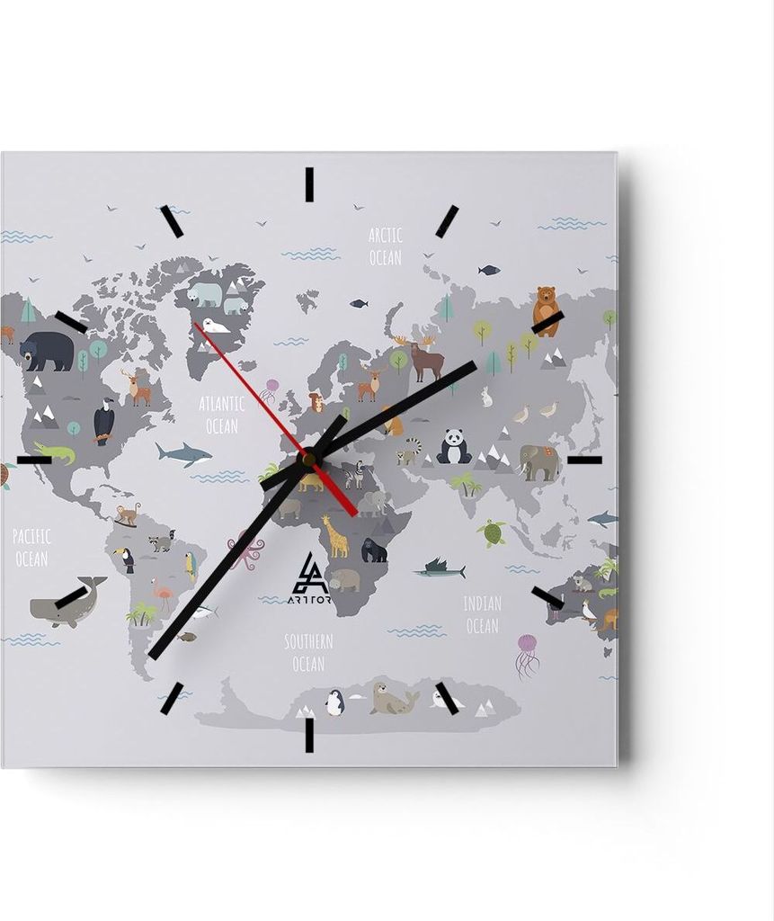 Wanduhr - Quadrat - Glasuhr - Karte die Welt Kontinente - 40x40cm - Schleichendes Uhrwerk - Lautlos - zum Aufhängen bereit - Dekoration Modern - W...