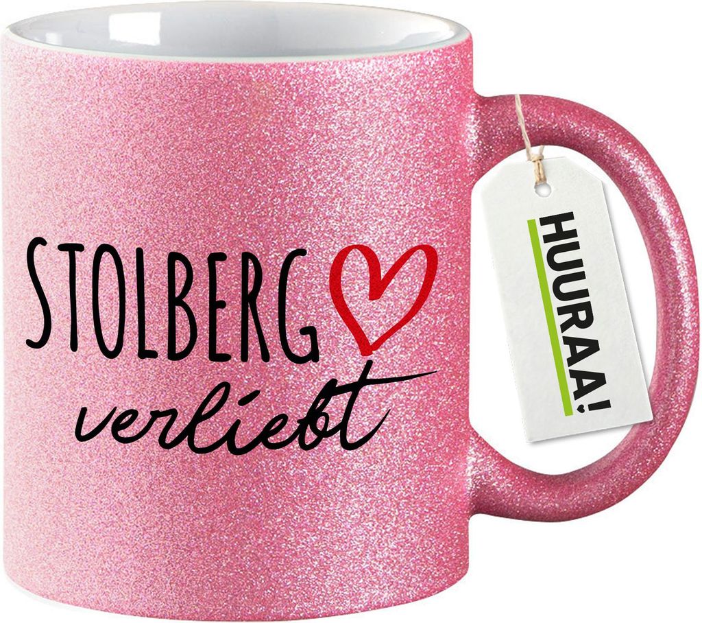 Huuraa Glitzertasse Stolberg (Rheinland) verliebt 330ml Pink Keramik Kaffeebecher Geschenkidee